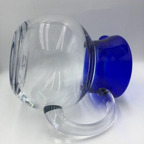 Cobalt Blue Rim Handblown Glass Pitcher Heavy Beverage Drinkware Serveware - Picture 4 of 9